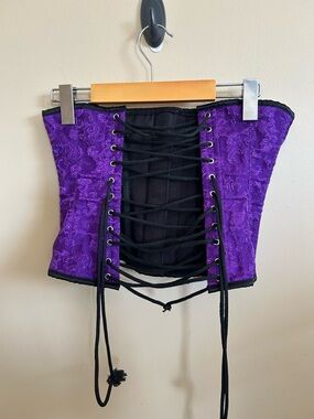 Purple Brocade Lace-Up Corset with Metal Boning.